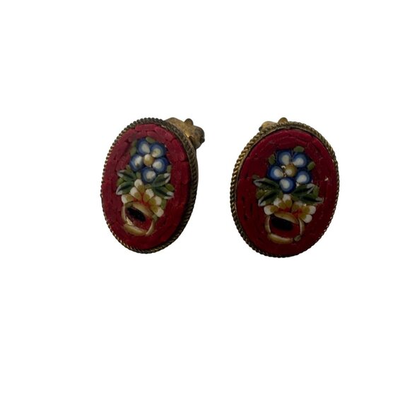 Vintage Italian Micro Mosaic Clip-On Earrings With Red Floral Design & Gold-Tone - Picture 6 of 9
